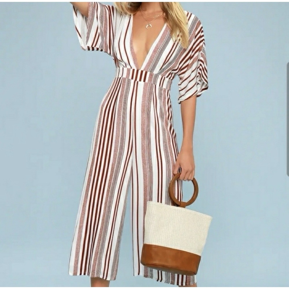 NWT Lulus Hook, Line, and Sinker Rust Red Striped Jumpsuit Size XL Boho Chic